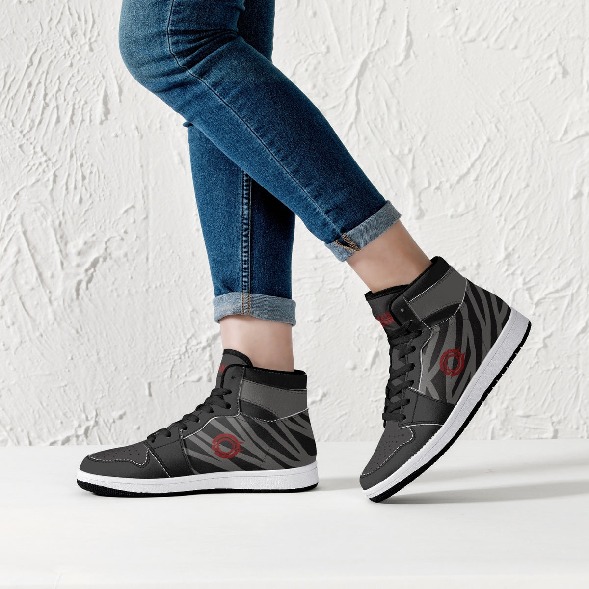 OOTAMAWAE Original Brand High-Top Leather Sneakers -  Black and Grey Stripes KilyClothing