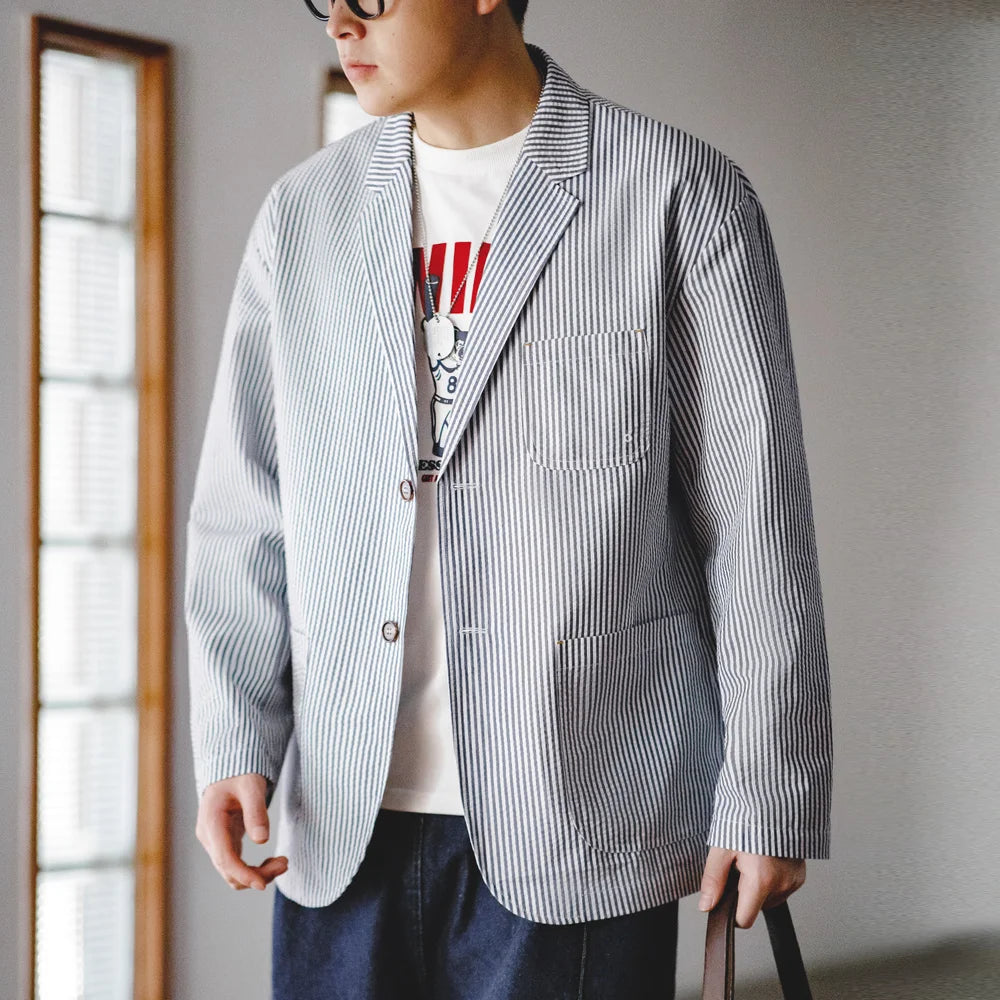 Vintage Casual Striped Suit Jacket City boy Flat Lapel Loose Outwear for Men's