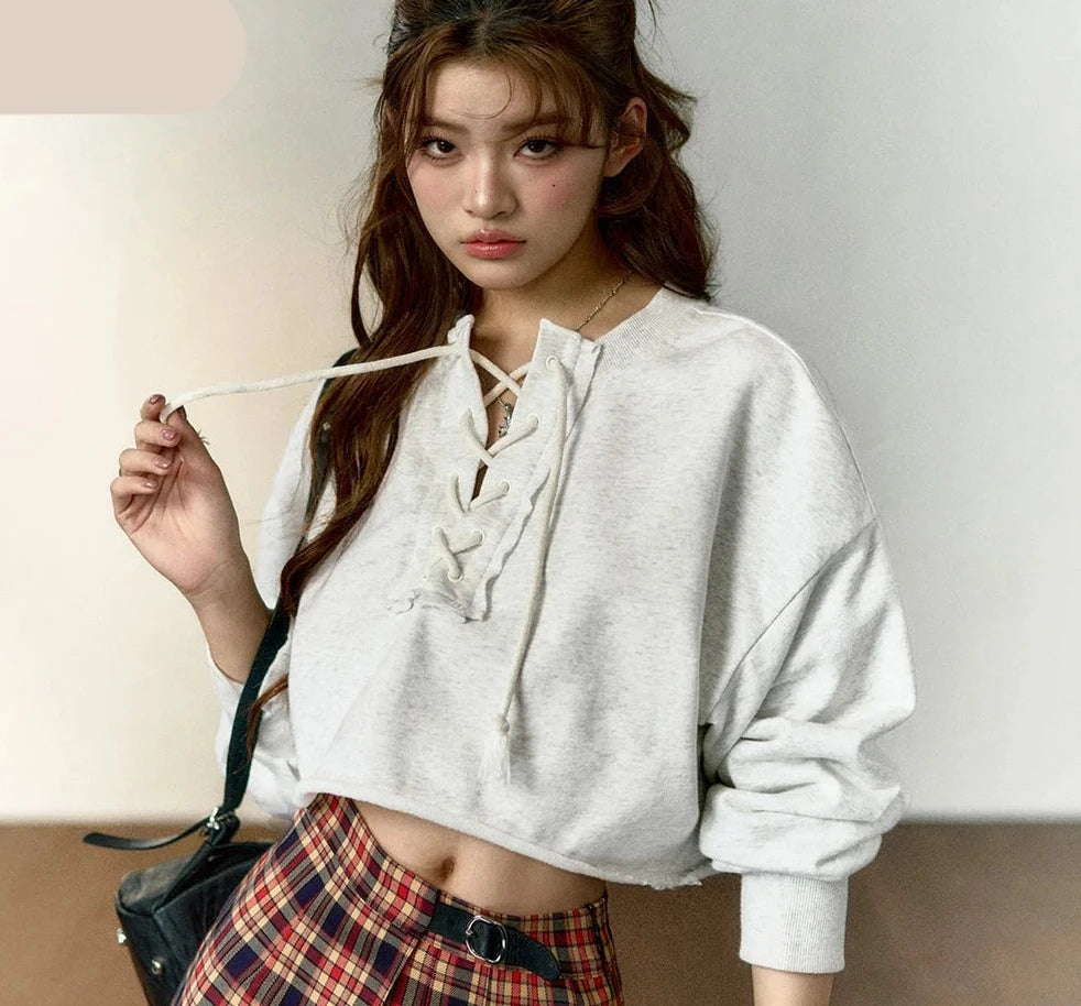 Women's High-waist Pullover New Sweatshirt V-neck Casual Long-Sleeved Short Top Korean Style Trendy for Spring And Autumn
