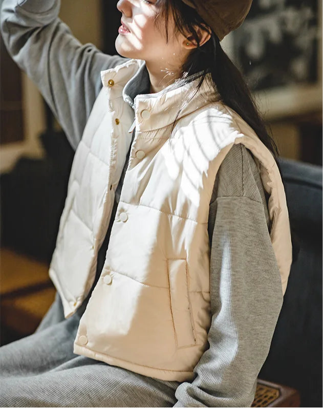 Chaleco cálido de otoño e invierno para mujer, corta sin mangas de color beige, abrigo de cuello alto y relleno de algodón, talla única