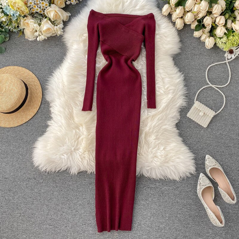 SINGRAIN Slash Neck Knitted Dress Women Sexy Off Shoulder Cross Elastic Warm Dress Autumn Winter Fashion Sweater Bodycon Dress KilyClothing