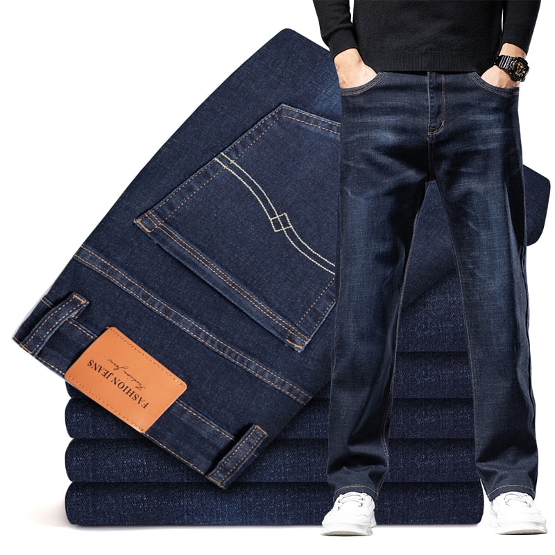 Dark Blue Straight-leg Brand Jeans Classic Style Business Casual Cotton Stretch Denim Pants KilyClothing