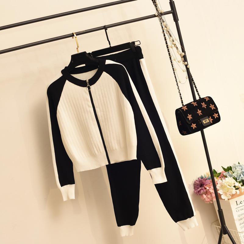 Casual Two-Piece Sweater Cardigan Jacket Women Autumn New Womens Knitted Suit Fashion Baseball Sports Zip Top And Pants Set KilyClothing