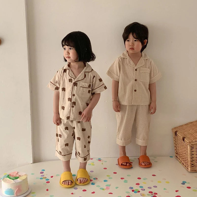 Pijamas de verano para niños, traje con estampado coreano para niños y niñas, ropa de dormir informal de algodón