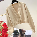 Cardigan Long Flare Sleeve Short Sweater, Ribbed Knitted Cotton 3/5 Buttons Soft Thin Outwear KilyClothing