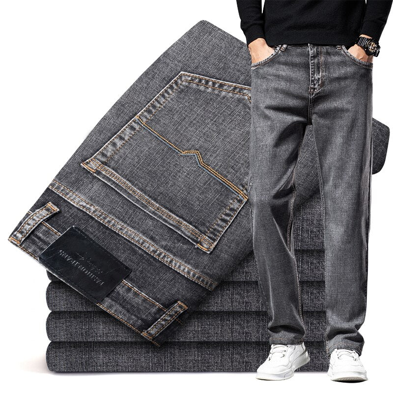 Dark Blue Straight-leg Brand Jeans Classic Style Business Casual Cotton Stretch Denim Pants KilyClothing