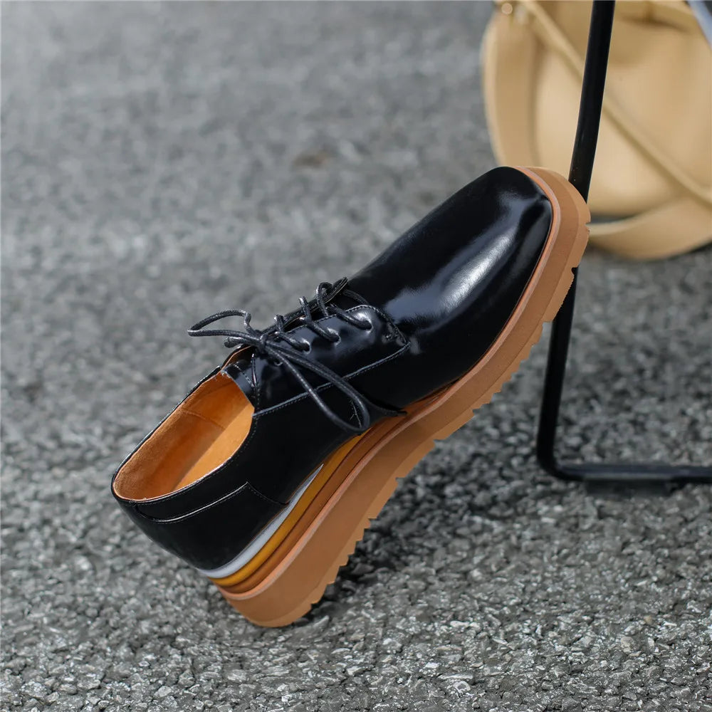 Women Anti Slip Oxford Casual Shoes Classic Style Platform Wedge Heel Patent Leather Lace Up Square Toe Fashion Pumps KilyClothing