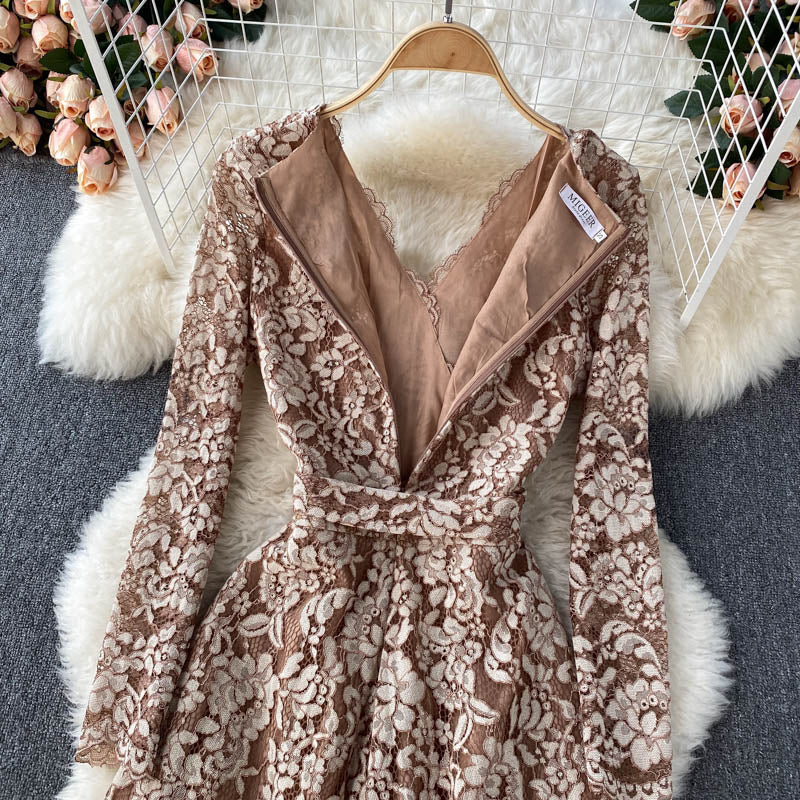 Elegant Lace Embroidery Dress Women Long Sleeve V Neck Sashes A-line Dress Autumn French Fashion Streetwear Long Dress KilyClothing