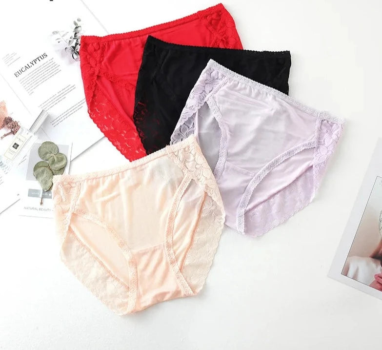 Women Silk Panties 100%Real Silk and Side laces Sexy Underwear Comfortable 3 pcs