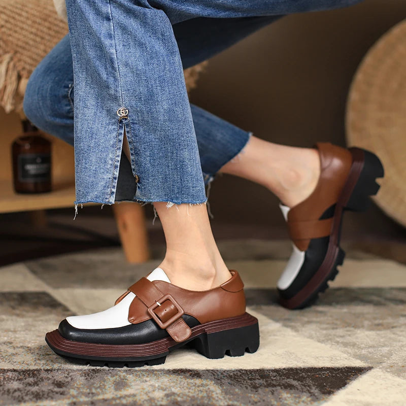 Genuine Leather Shoes Woman Heels Working Thick Botton Square Toe Women Shoes KilyClothing
