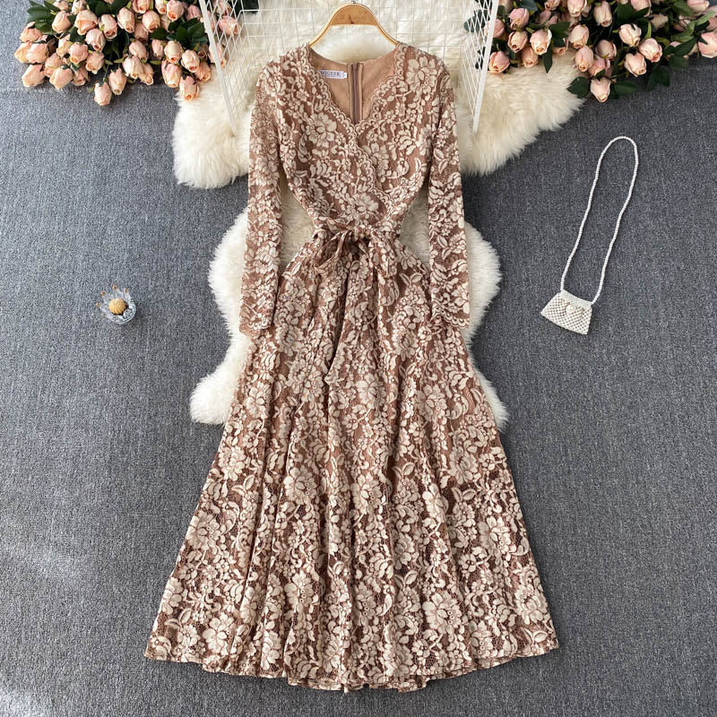 Elegant Lace Embroidery Dress Women Long Sleeve V Neck Sashes A-line Dress Autumn French Fashion Streetwear Long Dress KilyClothing