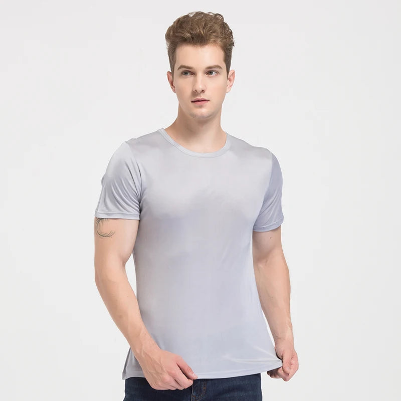 Camiseta de punto de seda natural para hombre, camiseta lisa de manga corta con cuello redondo, color beige, blanco y azul marino