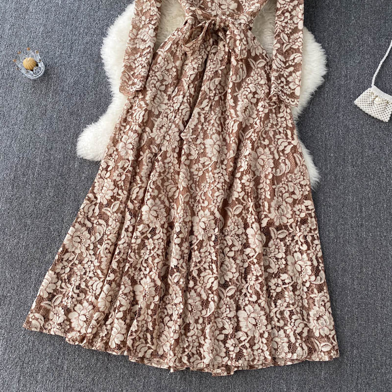 Elegant Lace Embroidery Dress Women Long Sleeve V Neck Sashes A-line Dress Autumn French Fashion Streetwear Long Dress KilyClothing