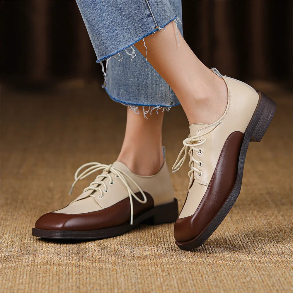 Mixed Color Women Cow Leather Pumps Square Toe Thick Heels Lace Up Big Sizes / Shoes Handmade KilyClothing