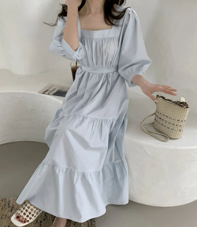 Dress Oversize High Waist Square Collar Pure Lace Up Elegant Vintage Long Dress KilyClothing
