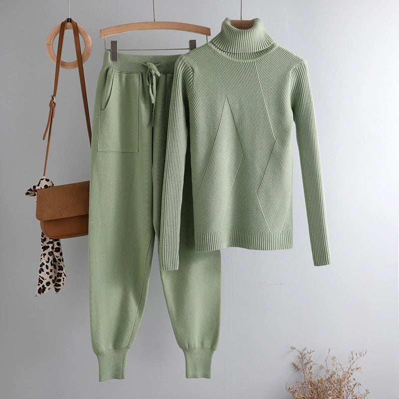 Turtleneck sweater 2 Pieces Set  chic Knitted Pullover top + Sweater pants Jumper Tops+ trousers sweater suits KilyClothing
