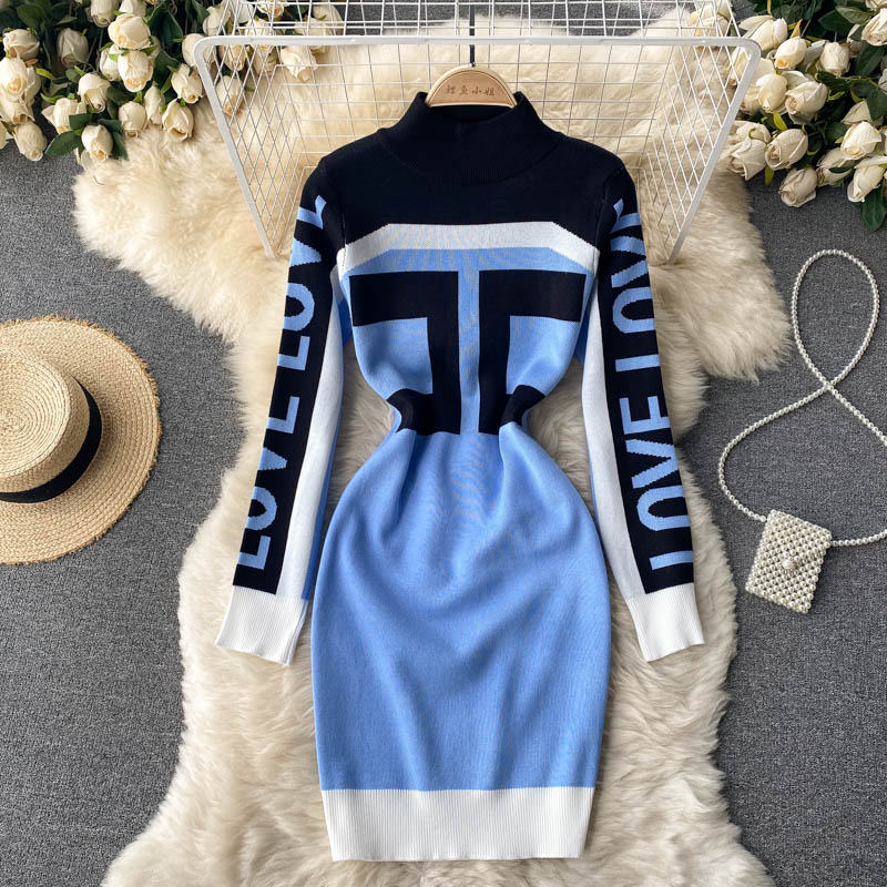 SINGREINY Chic Letter Print Knitted Dress Women Long Sleeve Elastic Slim Pencil Dress Autumn Winter Korean Bodycon Sweater Dress KilyClothing