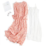 Vintage Summer Dress Real Silk Long Vestidos Ladies Floral Pink KilyClothing
