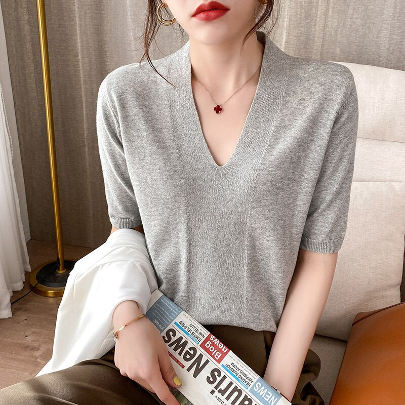 100% cotton thread low V-neck sweater loose Tshirt KilyClothing