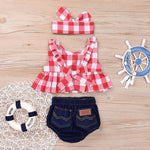 Baby Girl Casual Sport Suits Plaid Skirted T-shirt Tops+Denim Shorts Bloomers KilyClothing