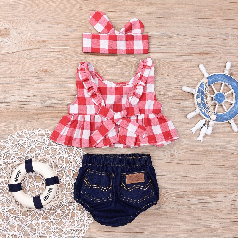 Baby Girl Casual Sport Suits Plaid Skirted T-shirt Tops+Denim Shorts Bloomers KilyClothing