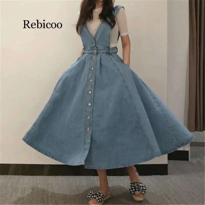 Rebicoo Women Denim Dress  Fashion Single Breasted Spaghetti Strap Jean Dress Women Tunic Big Hem Backless Dress Vestidos KilyClothing