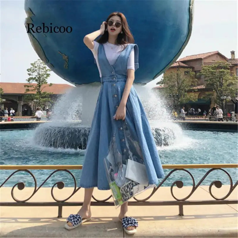 Rebicoo Women Denim Dress  Fashion Single Breasted Spaghetti Strap Jean Dress Women Tunic Big Hem Backless Dress Vestidos KilyClothing