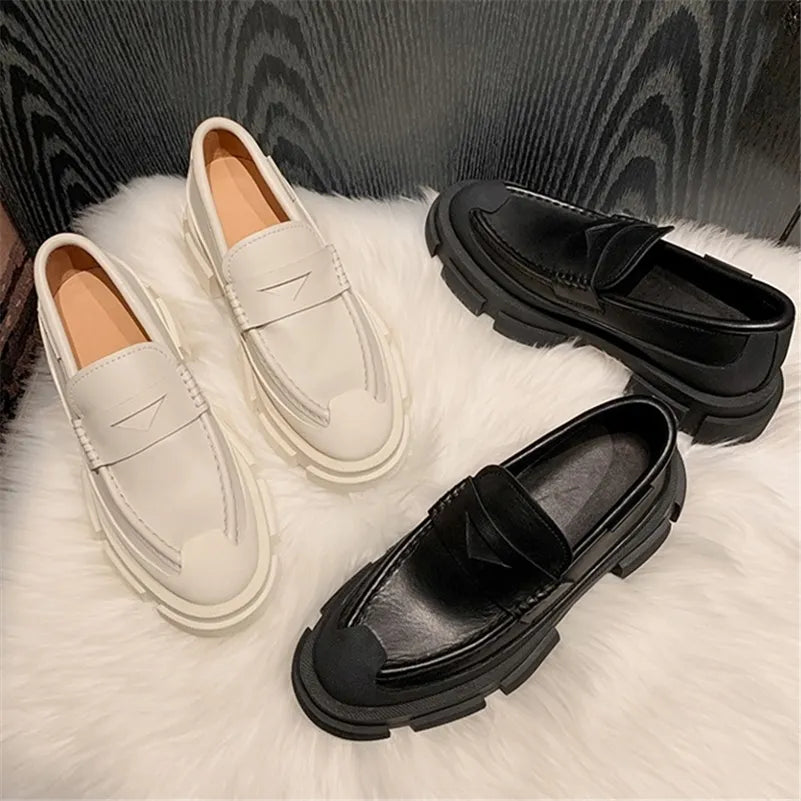 Women Loafers Shoes Genuine Leather Thick Heels Pumps Round Toe Causal Med Heel Ladies Footwear Spring Autumn Black KilyClothing