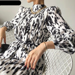 Stand Collar Women Full Sleeve Dress Elegant Hit Color Female Lace-up Printed Midi Dress KilyClothing