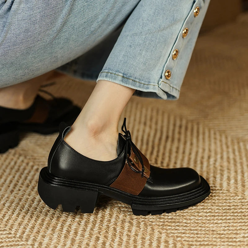 Lace-up Black Women Shoes Genuine Leather Shoes Woman Heels Working Thick Botton Square Toe KilyClothing