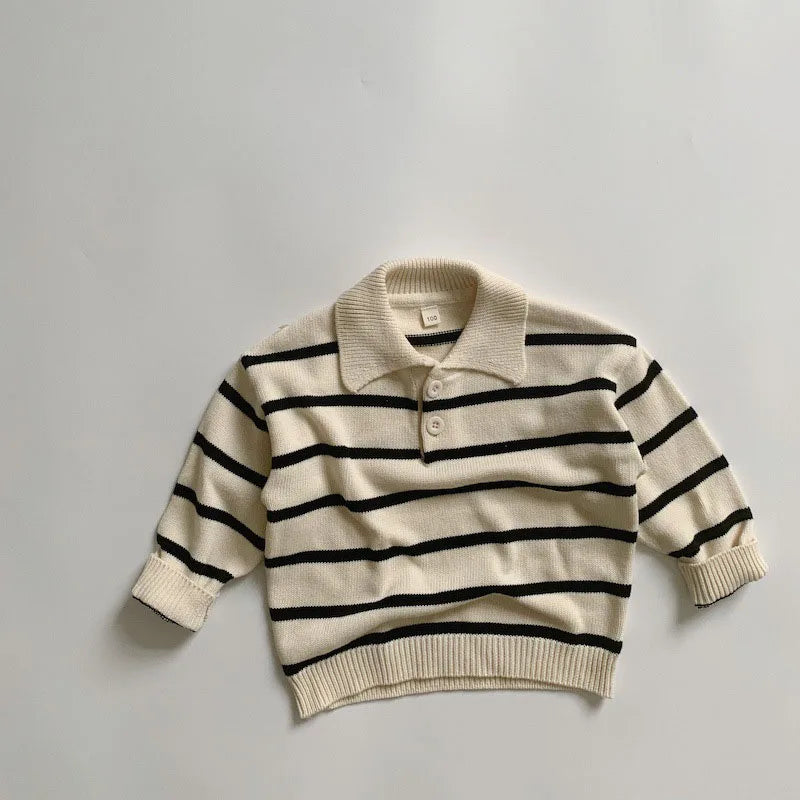Kids Sweaters Striped Boys Knitwear Turn Down Collar Girls Knit Pullover