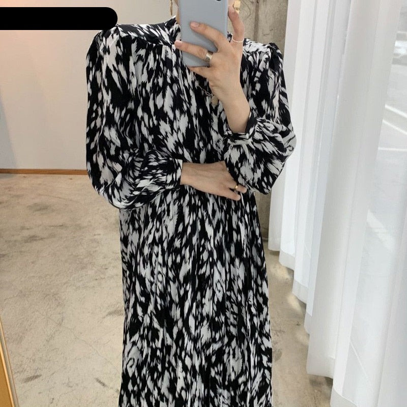 Stand Collar Women Full Sleeve Dress Elegant Hit Color Female Lace-up Printed Midi Dress KilyClothing