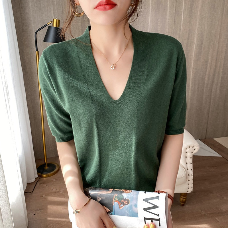 100% cotton thread low V-neck sweater loose Tshirt KilyClothing