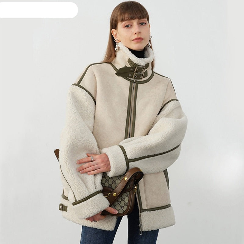 Winter Lambs Wool Splicing PU Leather Jacket Women Fur Collar Warm Thick Stand Collar Faux Lamb Loose Leather Coat KilyClothing