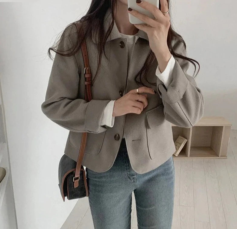 Korean Chic Fashion Womens Long Sleeve Cute Sweet Girls Solid Color Single Breasted Button Short Jackets Coats