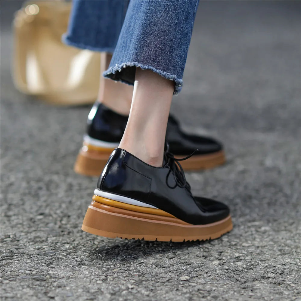 Women Anti Slip Oxford Casual Shoes Classic Style Platform Wedge Heel Patent Leather Lace Up Square Toe Fashion Pumps KilyClothing