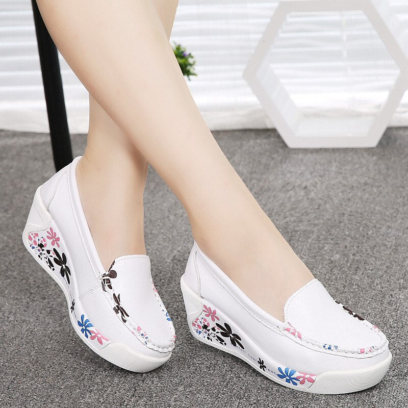 Genuine Leather Platform Shoes Wedges White Lady casual Shoes KilyClothing