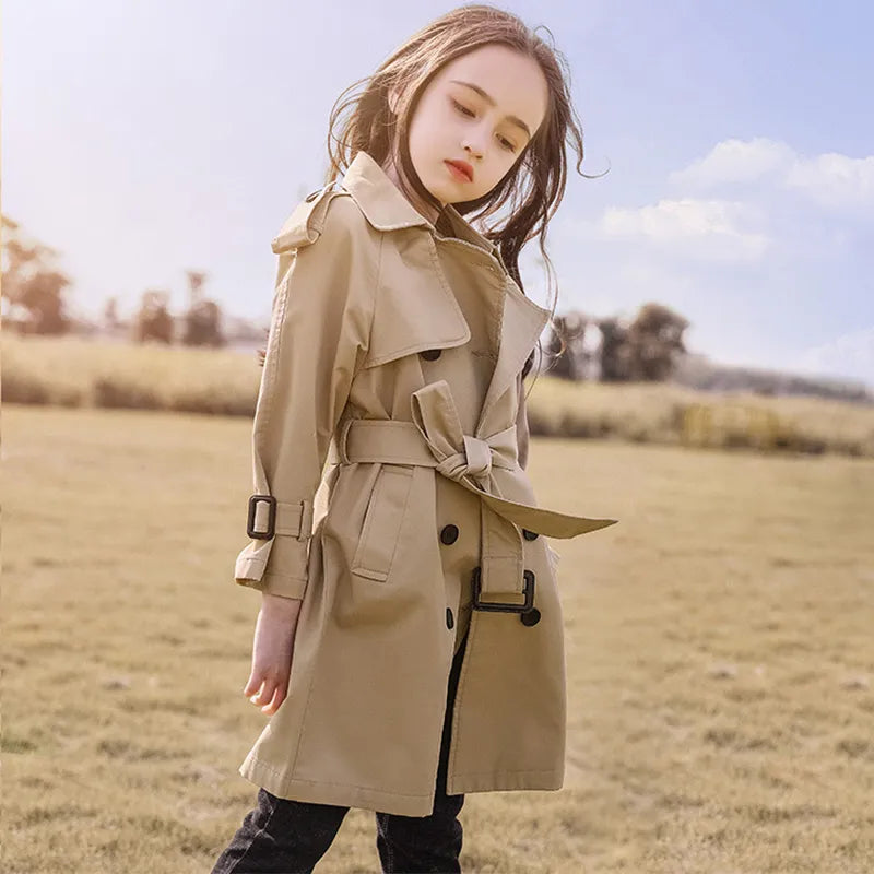 4-13 Years Teen Girls Long Trench Coats, England Style Windbreaker Jacket For Girls