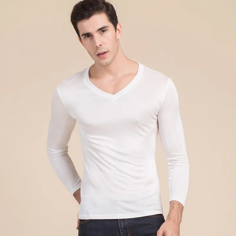 Camiseta básica de hombre 100% seda natural con cuello en V Camisa sólida de manga larga