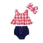 Baby Girl Casual Sport Suits Plaid Skirted T-shirt Tops+Denim Shorts Bloomers KilyClothing