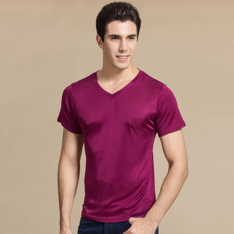 Men basic T shirt Natural Silk V Neck Solid Short Sleeve Shirts