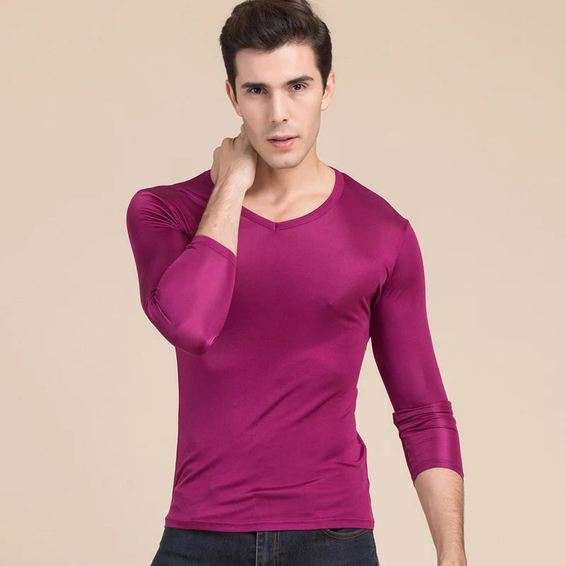 Men basic T shirt 100%Natural Silk V Neck Solid shirt long Sleeve