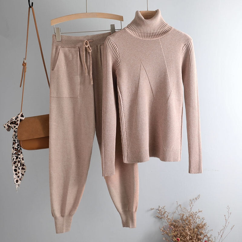 Turtleneck sweater 2 Pieces Set  chic Knitted Pullover top + Sweater pants Jumper Tops+ trousers sweater suits KilyClothing