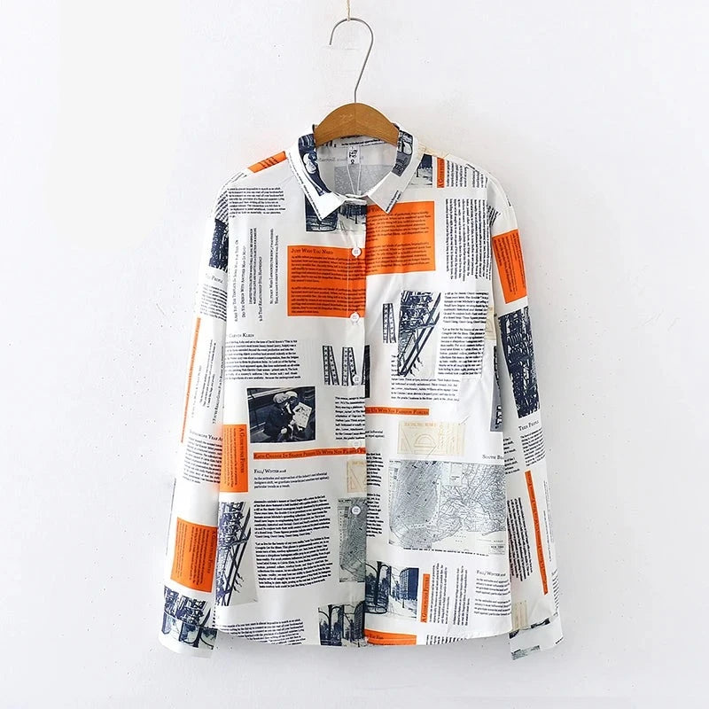 Newspaper Print Chiffon Blouse for woman, Long Sleeve Shirt, Vintage Tops, Casual Wear for all seasons KilyClothing