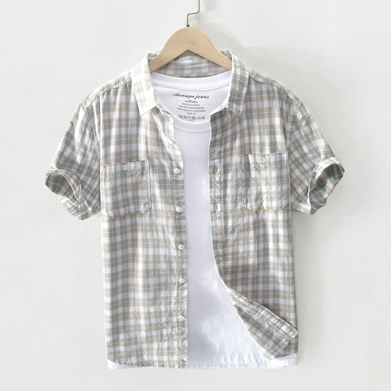 Short Sleeve Cotton Plaided Shirts For Men Japan Business Casual Minimalist Style KilyClothing
