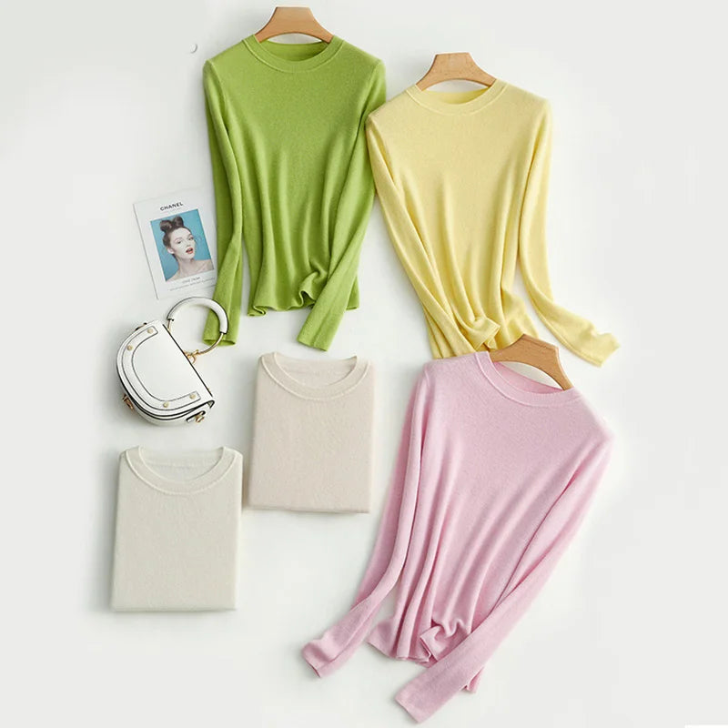 100%Wool O Neck Plain Pullovers Fall Winter Sweaters for Woman Candy Colors