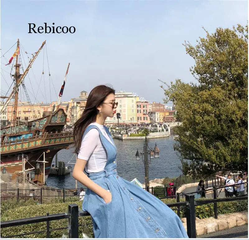 Rebicoo Women Denim Dress  Fashion Single Breasted Spaghetti Strap Jean Dress Women Tunic Big Hem Backless Dress Vestidos KilyClothing