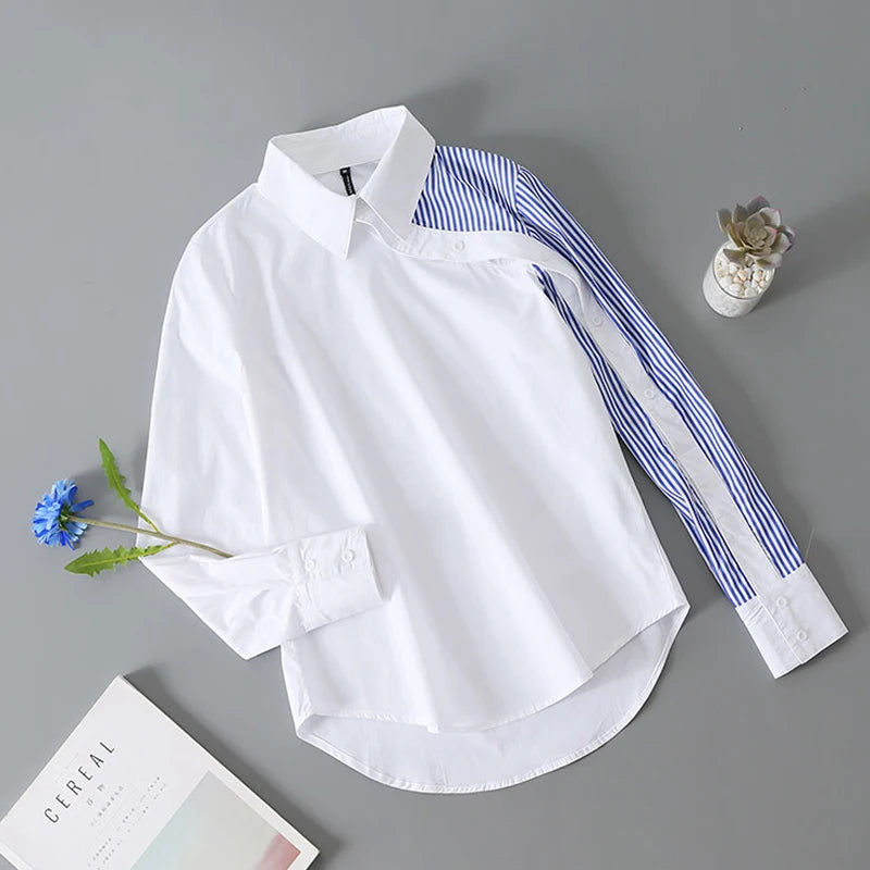 Women's White Shirt Vintage, Long Sleeve, Cotton Blouse Striped Turn-Down Collar Elegant Office Wear Fall Spring Design Tops KilyClothing
