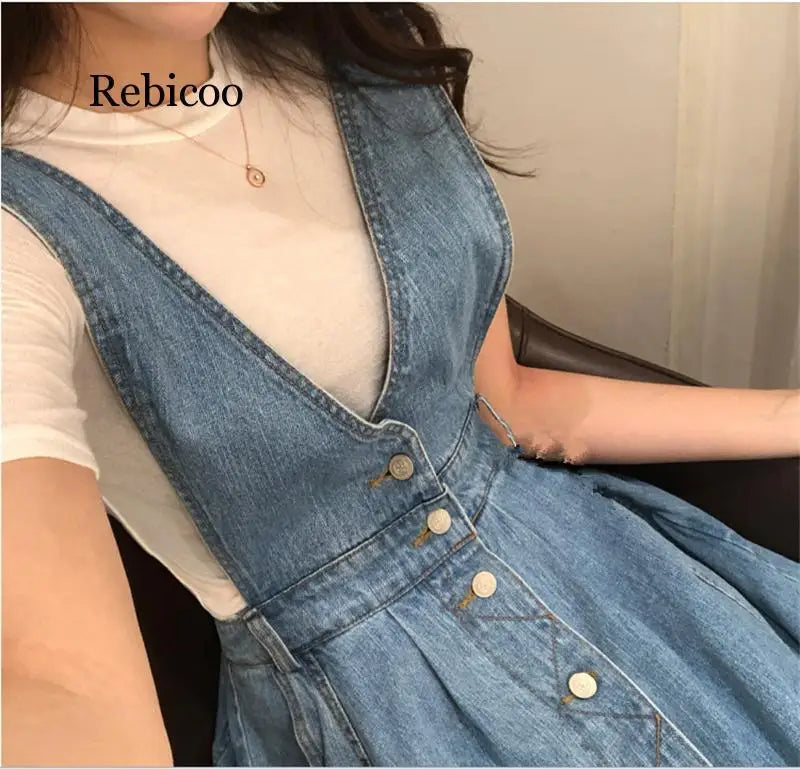 Rebicoo Women Denim Dress  Fashion Single Breasted Spaghetti Strap Jean Dress Women Tunic Big Hem Backless Dress Vestidos KilyClothing