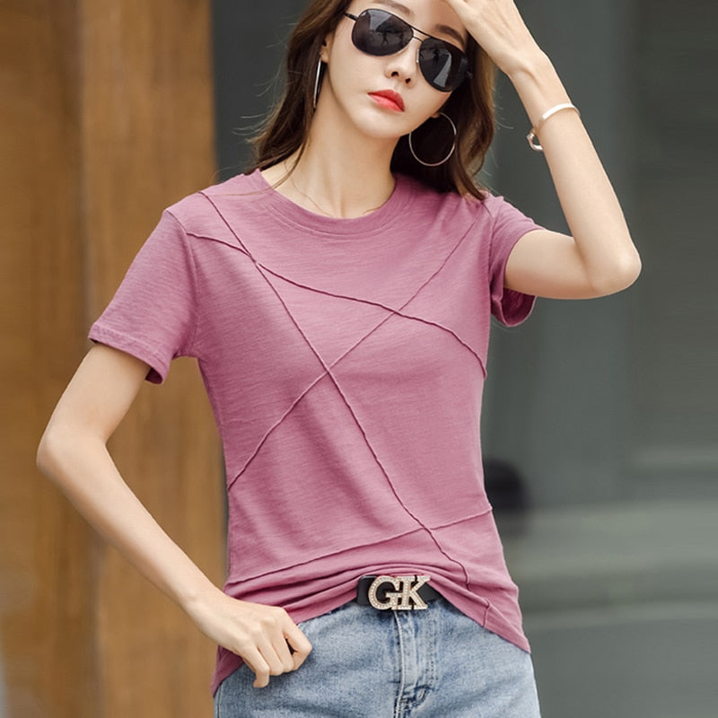 Slim Cotton Bamboo T-Shirts O-Neck Short Sleeve Ribbed Casual Solid Color Tops KilyClothing